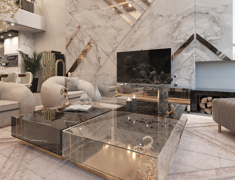 A extravagant living room in a neutral tones and gold details, with a nude velvet mini 4 sofas, a marble modern coffee table.